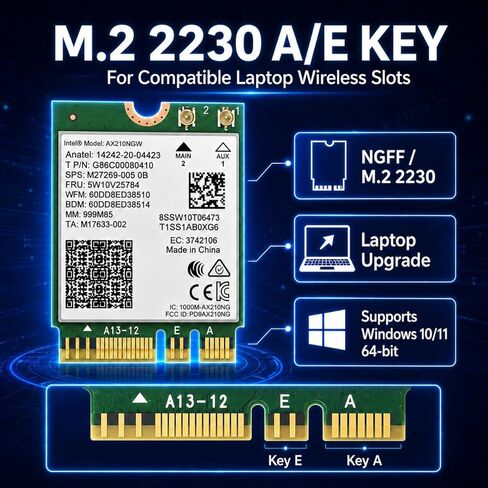 WiFi 6E AX210 NGW Wireless Card, M.2 2230 Laptop WiFi Module with Bluetooth 5.3, Tri-Band 5400Mbps Network Adapter, MU-MIMO, OFDMA, 160MHz, Supports Windows 10/11 64-bit in Kuwait