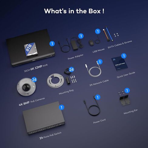 ONWOTE NVR 32 Channel Security Camera System 12MP, Face Recognition & AcuSearch, 2 Way Audio, 24x 8MP IK10 Vandal-Proof PoE IP Cameras, 32CH 6K 4K Commercial NVR 8TB, Support 40TB, Business CCTV in Kuwait