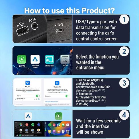 محول Carplay لاسلكي 4 في 1 لأجهزة Apple iPhone Android Auto، محول Airplay Screen Mirror Link Bluetooth Carplay للفيديو YouTube Tiktok، WiFi ثنائي النواة، Mini Car Play USB Dongle، سريع، بدون زمن الوصول in Kuwait