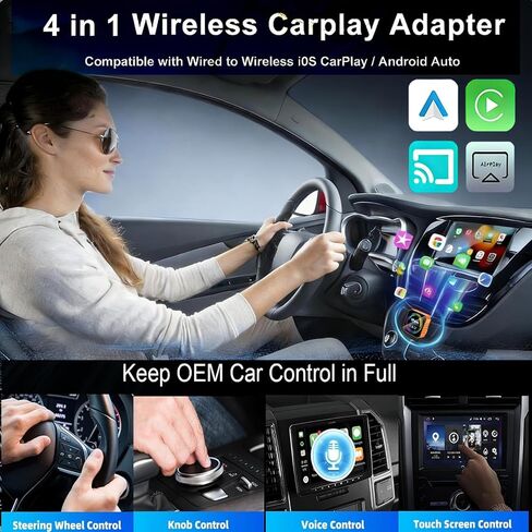 محول Carplay لاسلكي 4 في 1 لأجهزة Apple iPhone Android Auto، محول Airplay Screen Mirror Link Bluetooth Carplay للفيديو YouTube Tiktok، WiFi ثنائي النواة، Mini Car Play USB Dongle، سريع، بدون زمن الوصول in Kuwait