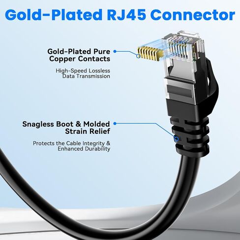 Cat6 Ethernet Cable 20FT, Flexible 24AWG Bare Copper, 10Gbps 550MHz High Speed RJ45 LAN UTP Black Round Patch Cord for Gaming Streaming Home Office Router Modem Server PC in Kuwait