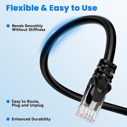 Cat6 Ethernet Cable 20FT, Flexible 24AWG Bare Copper, 10Gbps 550MHz High Speed RJ45 LAN UTP Black Round Patch Cord for Gaming Streaming Home Office Router Modem Server PC in Kuwait
