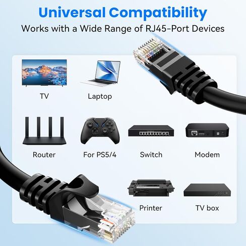 Cat6 Ethernet Cable 20FT, Flexible 24AWG Bare Copper, 10Gbps 550MHz High Speed RJ45 LAN UTP Black Round Patch Cord for Gaming Streaming Home Office Router Modem Server PC in Kuwait