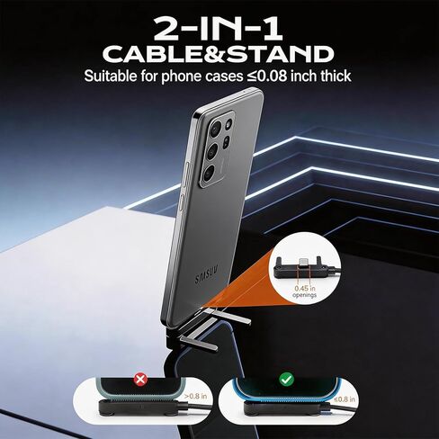 كابل شاحن حامل غير مرئي، كابل شحن سريع 240 وات PD للمكتب، كابل USB-C إلى USB-C مع محول USB-A إلى USB-C مع حامل معدني قابل للتعديل 360 درجة، شاحن حامل 2 في 1 للألعاب والمكتب والمنزل in Kuwait