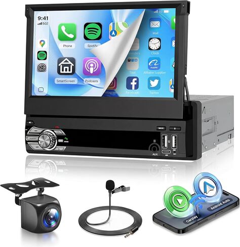 MAHVEC 4G+64G Android 15 Single Din Car Stereo with Wireless Carplay Android Auto buil-in GPS Navi,7" IPS Flip Out Touch Screen Radio,5.0 Bluetooth,DSP,FM/RDS,SWC,Double USB,Type-C,Backup Camera in Kuwait