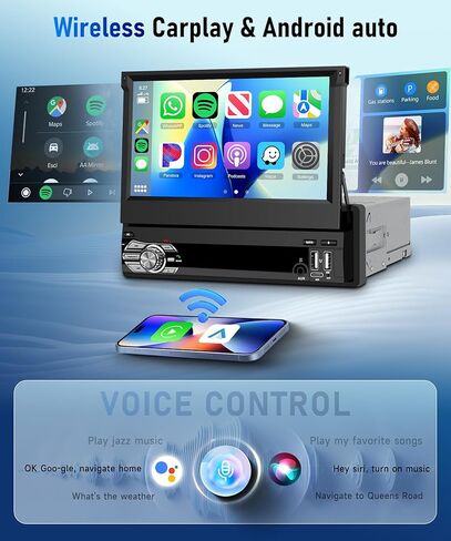 MAHVEC 4G+64G Android 15 Single Din Car Stereo with Wireless Carplay Android Auto buil-in GPS Navi,7" IPS Flip Out Touch Screen Radio,5.0 Bluetooth,DSP,FM/RDS,SWC,Double USB,Type-C,Backup Camera in Kuwait