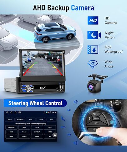 MAHVEC 4G+64G Android 15 Single Din Car Stereo with Wireless Carplay Android Auto buil-in GPS Navi,7" IPS Flip Out Touch Screen Radio,5.0 Bluetooth,DSP,FM/RDS,SWC,Double USB,Type-C,Backup Camera in Kuwait