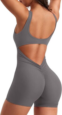 VOYJOY Jumpsuits for Women Tummy Control Backless Bodycon Sleeveless One Piece Workout Jumpsuits Sexy V Back Scrunch Butt Yoga Romper Grey L in Saudi Arabia