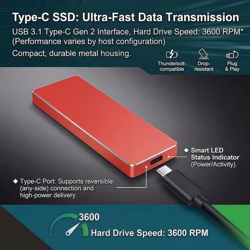 Portable SSDPortable Mobile Solid State Drive, High-Speed USB-C Solid State Drive (Red) in Kuwait