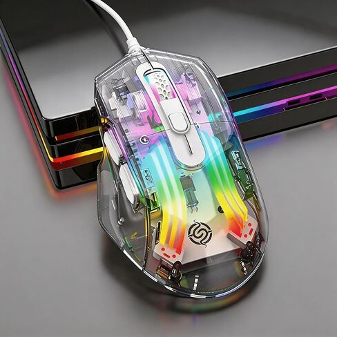 【 USB - طول كابل 57 بوصة - أحدث هيكل شفاف بالكامل لعام 2026 】 ماوس سلكي RGB بصري للألعاب، التوصيل والتشغيل، تأثير كتم الصوت، 7200 نقطة في البوصة، تأثير ضوء قابل للتبديل، مناسب للكمبيوتر الشخصي وسطح المكتب والكمبيوتر المحمول in Kuwait