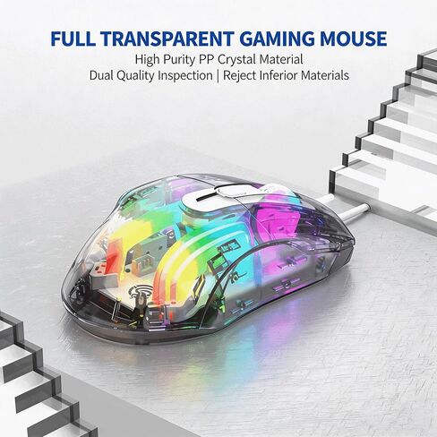 【 USB - طول كابل 57 بوصة - أحدث هيكل شفاف بالكامل لعام 2026 】 ماوس سلكي RGB بصري للألعاب، التوصيل والتشغيل، تأثير كتم الصوت، 7200 نقطة في البوصة، تأثير ضوء قابل للتبديل، مناسب للكمبيوتر الشخصي وسطح المكتب والكمبيوتر المحمول in Kuwait