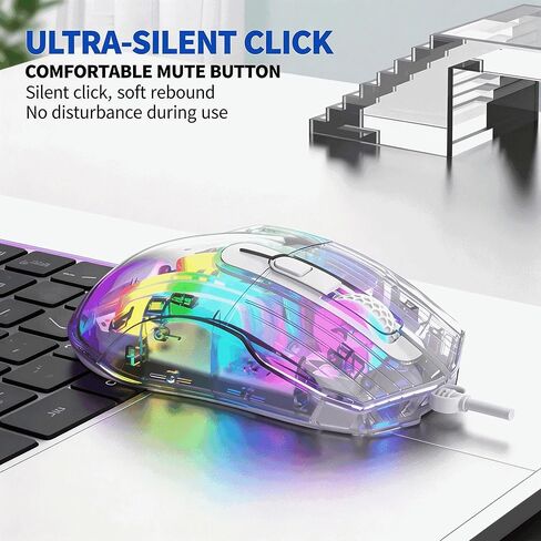 【 USB - طول كابل 57 بوصة - أحدث هيكل شفاف بالكامل لعام 2026 】 ماوس سلكي RGB بصري للألعاب، التوصيل والتشغيل، تأثير كتم الصوت، 7200 نقطة في البوصة، تأثير ضوء قابل للتبديل، مناسب للكمبيوتر الشخصي وسطح المكتب والكمبيوتر المحمول in Kuwait
