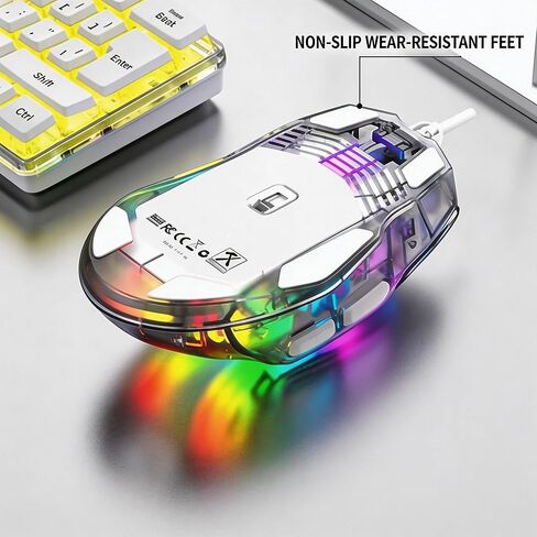 【 USB - طول كابل 57 بوصة - أحدث هيكل شفاف بالكامل لعام 2026 】 ماوس سلكي RGB بصري للألعاب، التوصيل والتشغيل، تأثير كتم الصوت، 7200 نقطة في البوصة، تأثير ضوء قابل للتبديل، مناسب للكمبيوتر الشخصي وسطح المكتب والكمبيوتر المحمول in Kuwait