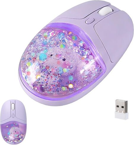 Wireless Mouse Dual-mode Bluetooth 2.4GHz Cute cartoon quicksand Water LED light Silent suitable for children and adults portable and lightweight compatible with iOS/Android/Windows (Purple) in Kuwait