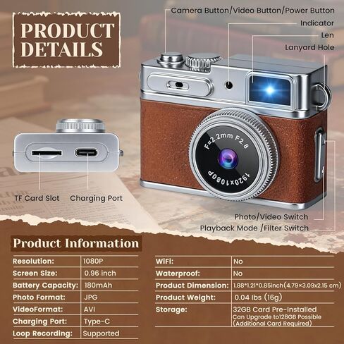 Mini Keychain Camera - 1080P HD Retro Digital Camera, Compact with 32GB SD Card, 0.96" HD Display, Portable Pocket Video Recorder for Photo Video Travel Recording in Kuwait