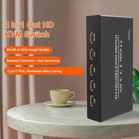 Jectse 4x1 USB2.0 HD KVM Switch,4K 60Hz Multimedia Switcher with 4 USB Type C Ports, 4 Cables for Sharing Display Keyboard Mouse Printer,Supports , OS X, , Plug and Play in Kuwait