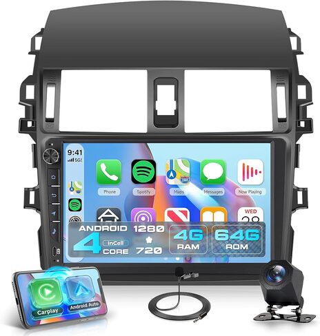 Rimoody 4G+64G Android Car Stereo for Toyota Corolla 2009-2013, 9 Inch Incell Touchscreen with Physical Buttons, Wireless CarPlay Android Auto GPS Bluetooth WiFi FM RDS EQ SWC Type-C Backup Camera in Kuwait