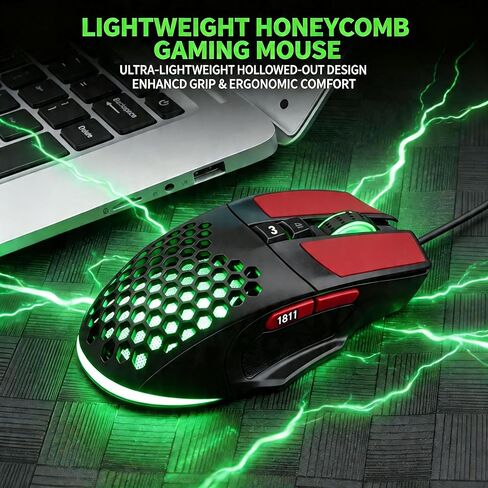 【 Plug and Play - 59 Inch Cable 】 2026 Wired Gaming USB Mouse - Honeycomb Hollow - Anti-Slip - RGB Lighting - Ultra Lightweight Design - 4 Adjustable DPI - Office & Gaming Universal in Kuwait