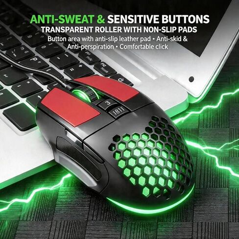 【 Plug and Play - 59 Inch Cable 】 2026 Wired Gaming USB Mouse - Honeycomb Hollow - Anti-Slip - RGB Lighting - Ultra Lightweight Design - 4 Adjustable DPI - Office & Gaming Universal in Kuwait