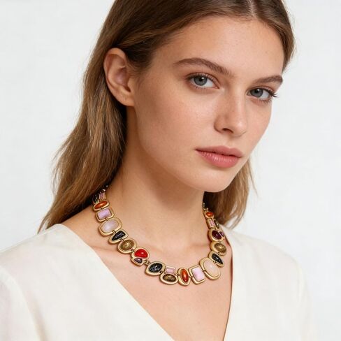 BVGA Gold Gemstone Charm Choker Necklace for Women Colorful Vintage Resin Gem Link Necklace Retro Jewelry Gifts in Saudi Arabia