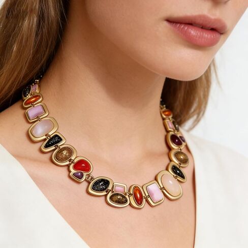 BVGA Gold Gemstone Charm Choker Necklace for Women Colorful Vintage Resin Gem Link Necklace Retro Jewelry Gifts in Saudi Arabia