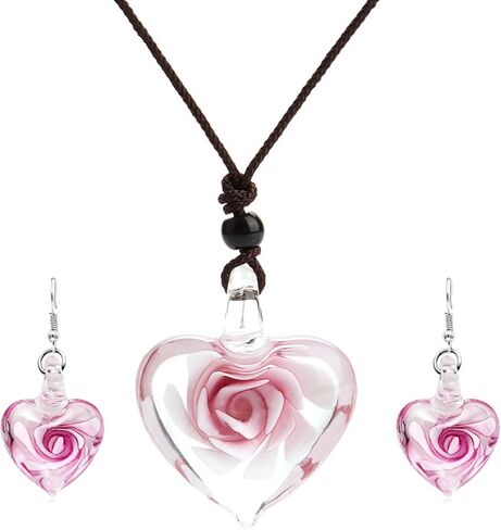 Exotic Style Eye-catcher Handmade Romantic Heart Layered with Pink Flower Design Glass Necklace for Mama/Granddaughter(Pink Necklace-Earring Set) in Kuwait