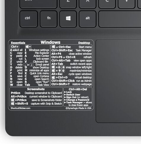 Synerlogic Windows PC Reference Keyboard Shortcut Sticker | Vinyl, Laminated Windows Shortcut Sticker for PC Laptop or Desktop | Shortcuts Cheat Sheet (Black/Small) in Kuwait