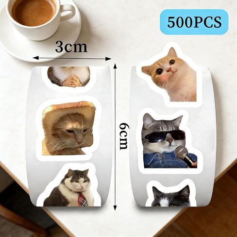 Cat Meme Stickers Roll 500PCS, Funny Cute Animal Vinyl Waterproof Stickers, 10 Styles Decal Pack for Laptop Water Bottle in Kuwait
