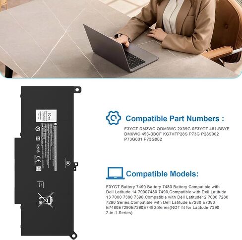 F3YGT Laptop Battery Replacement for Dell Latitude 12 7000 7280 7290 13 7000 7380 7390 P29S002 14 7000 7480 7490 E7280 E7480 E7490 E7290 E7380 fit DM3WC 0DM3WC 2X39G 0F3YGT DM6WC in Kuwait