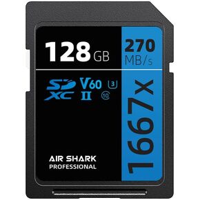 بطاقة ذاكرة Air Shark Professional SD V60، سعة 128 جيجابايت، صف مزدوج بإصبع ذهبي UHS-II، سرعة 270 ميجابايت/ثانية، المستوى 10 in Kuwait