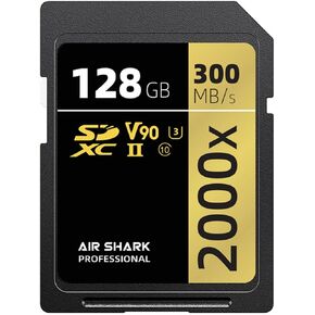 بطاقة ذاكرة Air Shark Professional SD V90، سعة 128 جيجابايت، صف مزدوج بإصبع ذهبي UHS-II، سرعة 300 ميجابايت/ثانية، المستوى 10 in Kuwait