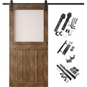 Dark Walnut 26x84 Half Lite Frosted Glass Design Finished Unassembled Solid Wood Sliding Barn Door Only with 4.5ft Long Single Door Non-Bypass Hardware Kit (Interior Use Only) in Saudi Arabia
