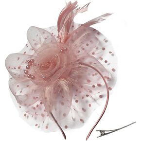 Durzasvo Women's 2PC Fascinator Hat and Lace Glove Set Wedding Tea Party Kentucky Derby Mesh Flower Feather Fascinators with Headband and Clip Beige & Gold in Kuwait