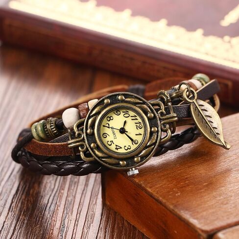 ساعة معصم جلدية مصنوعة يدويًا من Avaner، ساعة يد نسائية على شكل أوراق الشجر، ساعة كوارتز ملفوفة حول سوار الساعة in Saudi Arabia