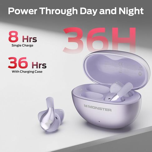 سماعات رأس Monster Open Ear AC225، سماعات أذن لاسلكية بلوتوث 6.0، صوت ستيريو، سماعات أذن مريحة خفيفة الوزن مع ميكروفون ENC للمكالمات الواضحة، وقت تشغيل 36 ساعة، تحكم باللمس، مقاومة للماء IPX6، أرجواني in Kuwait