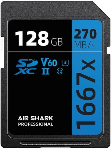 بطاقة ذاكرة Air Shark Professional SD V60، سعة 128 جيجابايت، صف مزدوج بإصبع ذهبي UHS-II، سرعة 270 ميجابايت/ثانية، المستوى 10 in Kuwait