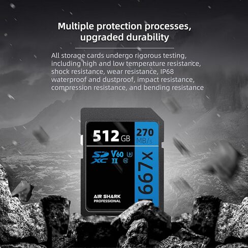 بطاقة ذاكرة Air Shark Professional SD V60، سعة 128 جيجابايت، صف مزدوج بإصبع ذهبي UHS-II، سرعة 270 ميجابايت/ثانية، المستوى 10 in Kuwait