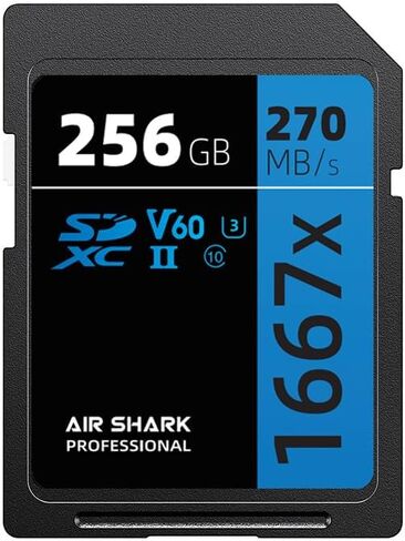 بطاقة ذاكرة Air Shark Professional SD V60، سعة 256 جيجابايت، صف مزدوج بإصبع ذهبي UHS-II، سرعة 270 ميجابايت/ثانية، المستوى 10 in Kuwait