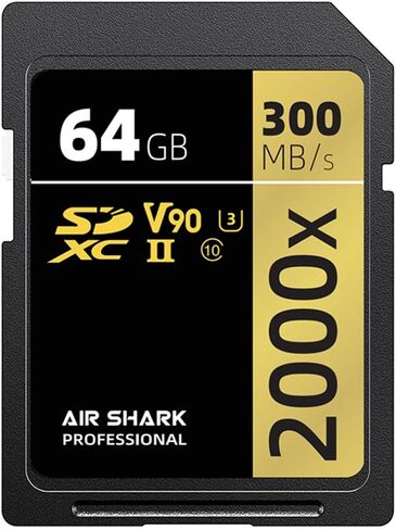 بطاقة ذاكرة Air Shark Professional SD V90، سعة 64 جيجابايت، صف مزدوج بإصبع ذهبي UHS-II، سرعة 300 ميجابايت/ثانية، المستوى 10 in Kuwait