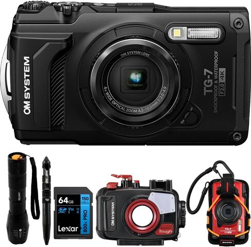 كاميرا رقمية تحت الماء OM SYSTEM Olympus Tough TG‑7 بدقة 12 ميجابكسل 4K، حزمة مغامرات سوداء مع غطاء PT‑059 تحت الماء، حامل رياضي، مجموعة أقلام مصباح يدوي خارجي وبطاقة Lexar 64GB SDXC in Kuwait