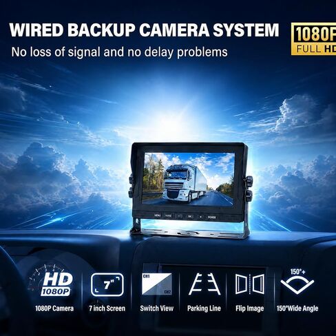 نظام كاميرا احتياطية سلكية مقاس 7 بوصات HD 1080P - كاميرا رؤية ليلية مقاومة للماء IP69 + كابل تمديد بطول 43 قدمًا - للمعدات الثقيلة لجرار مقطورة شاحنة RV - التوصيل والتشغيل (شاشة + كاميرا واحدة) in Kuwait