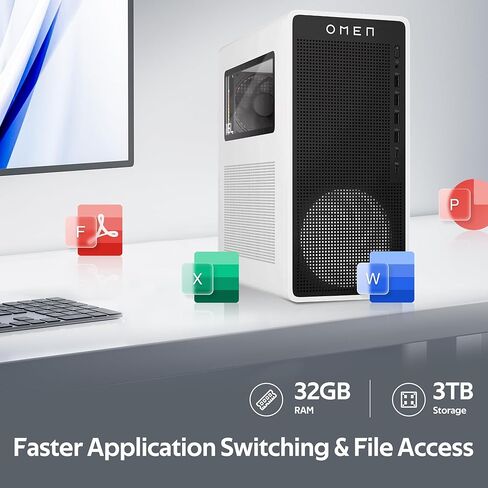 كمبيوتر مكتبي للألعاب HP Omen 16L، AMD Ryzen 7 8700F، NVIDIA GeForce RTX 5060 8GB GDDR7، 32GB DDR5، تخزين 3 تيرابايت (2 تيرابايت SSD&1TB Docking Station Set)، لوحة مفاتيح وماوس، واي فاي 6، ويندوز 11، أبيض in Kuwait