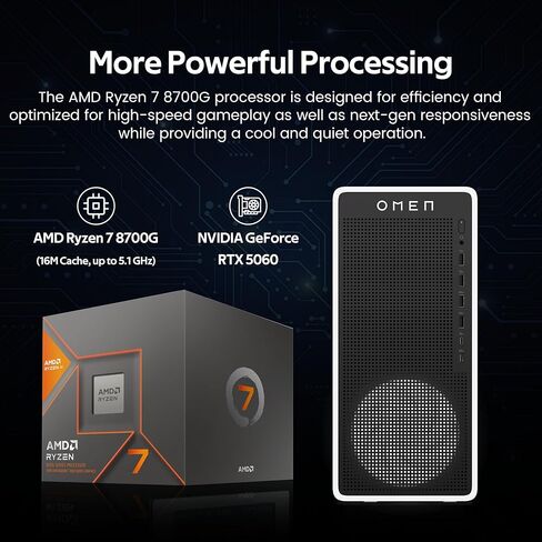 كمبيوتر مكتبي للألعاب HP Omen 16L، AMD Ryzen 7 8700F، NVIDIA GeForce RTX 5060 8GB GDDR7، 32GB DDR5، تخزين 3 تيرابايت (2 تيرابايت SSD&1TB Docking Station Set)، لوحة مفاتيح وماوس، واي فاي 6، ويندوز 11، أبيض in Kuwait