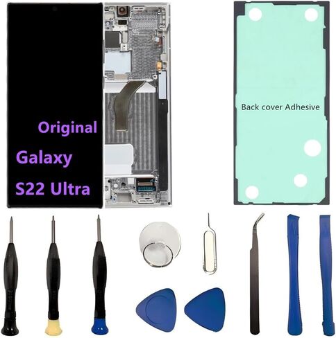 شاشة AMOLED أصلية 6.8 بوصة لهاتف Samsung Galaxy S22 Ultra استبدال الشاشة OEM S22Ultra 5G SM-S908U SM-S908U1 مجموعة محول رقمي لشاشة تعمل باللمس (مع إطار أسود + غطاء خلفي لاصق + أدوات) in Kuwait