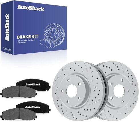 Autoshack Front Brake Kit استبدال دودج جراند كارافان رحلة رام C/V FWD حفر ومرسى فرامل القرص المغلفة بالقرص المغطى بمنصات الفرامل الخزفية السوداء 12.99 "330 مم BRKPK406 in Kuwait