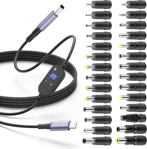 USB C to DC Adapter 140W USB Type C to DC 5.5x2.5mm 4.9FT Barrel PD Trigger Cable with 28 Tips, 5V/9V/12V/15V/20V/28V Multi Voltage Adjustable with LED Display for Tablets/Routers/Speaker in Kuwait