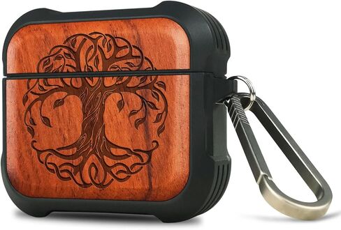 Carveit Wooden Case for AirPods 4 Case (2024) (USB-C) 4th Generation, Wood Artisan Engraved & TPU Shockproof Cover, Titanium Quick Released Clasp (Eternal Tree) Rosy in Kuwait