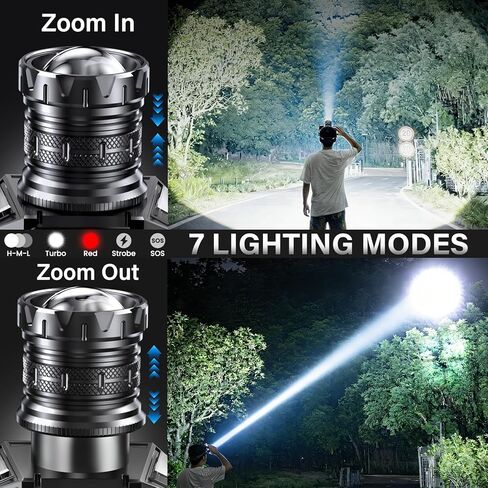 مصباح أمامي LED قابل لإعادة الشحن من AKNEAR مع ضوء أحمر، مصباح رأس 99000 لومن عالي، مستشعر حركة و7 أوضاع ووقت تشغيل 95 ساعة، قابل للتكبير وقابل للتعديل 90 درجة، مصباح رأس مقاوم للماء IPX7 للبالغين، في الهواء الطلق in Kuwait