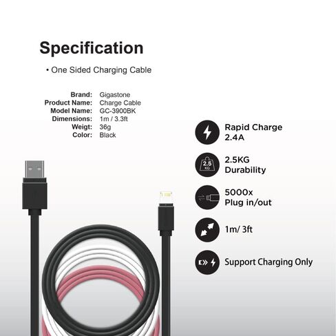 جيجاستون 【10 عبوات】 كابل شحن لأجهزة Apple Lightning، شحن سريع 3 أقدام 12 وات، متوافق مع iPhone وiPad، الشحن فقط، مزامنة البيانات غير مدعومة، أسود in Kuwait