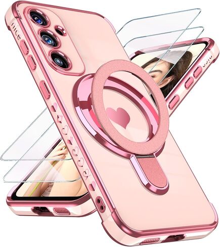 for Samsung Galaxy S25 FE Cute Love Heart Kickstand Woman Girls Phone Case with Screen Protector: Luxury Plated Gold Edge Slim Soft TPU Full Camera Protection Cover for Galaxy S25 FE (Pink) in Saudi Arabia